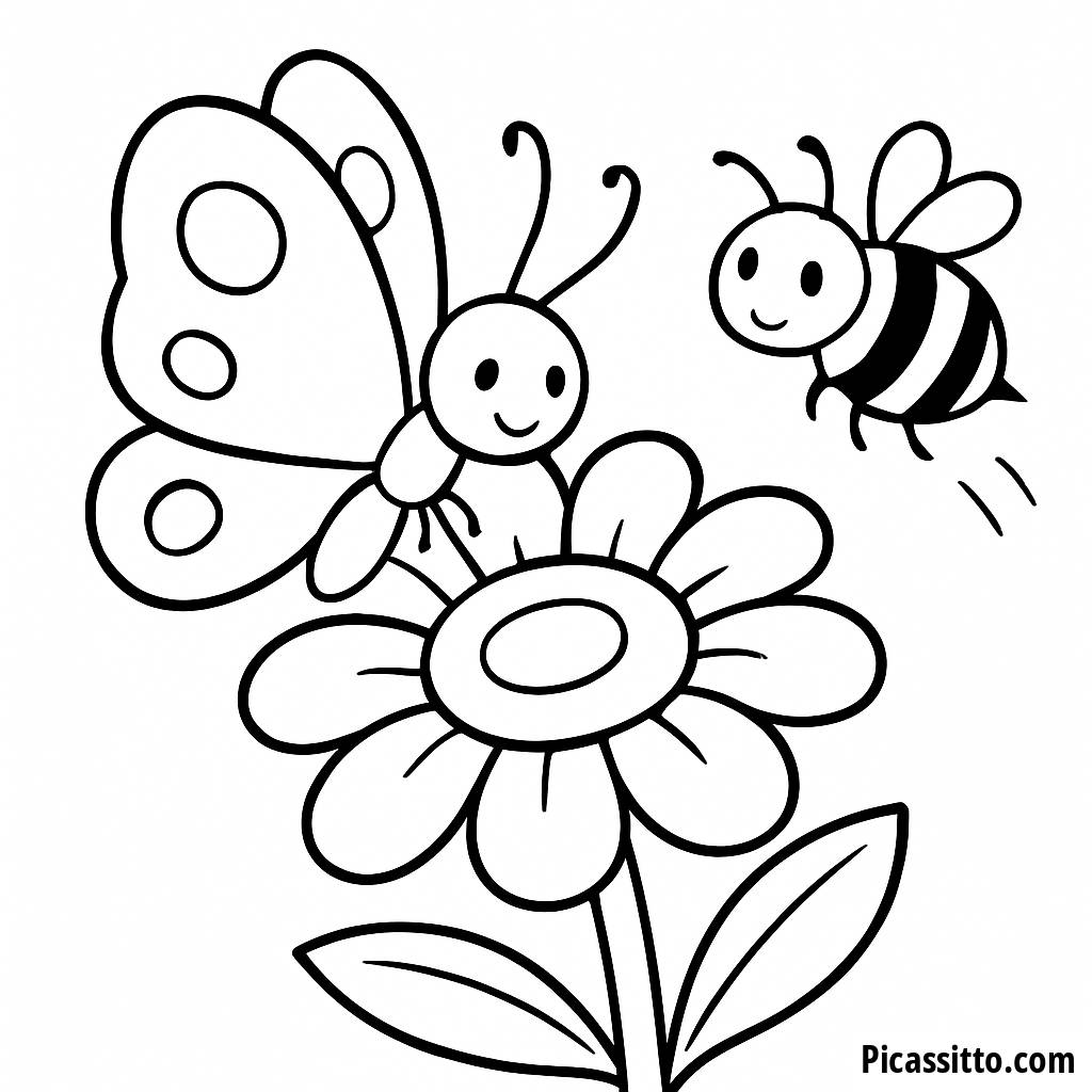 Página para Colorear: Mariposa en una Flor con una Abeja Zumbando