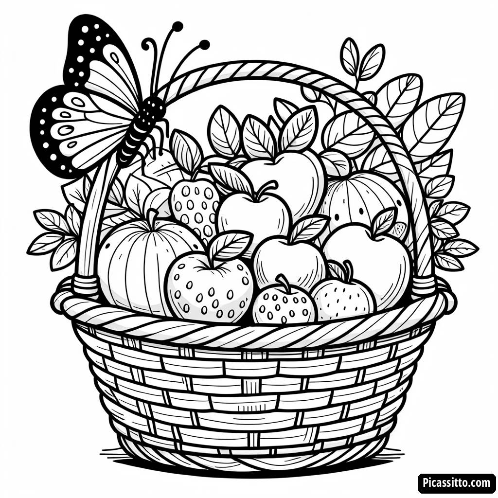 Página para Colorir: Cesta de Frutas Encantadora com uma Borboleta