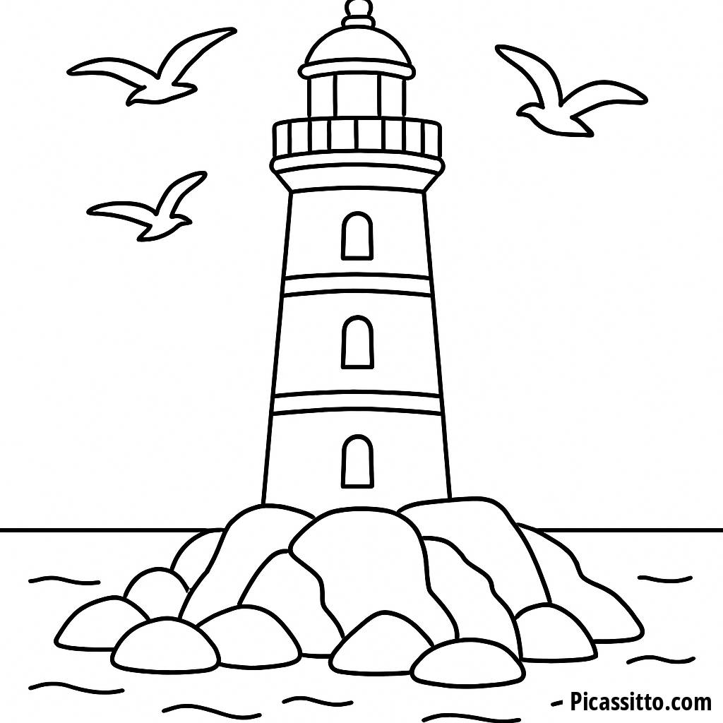 Coloring Page: Majestic Lighthouse by the Rocky Shore
