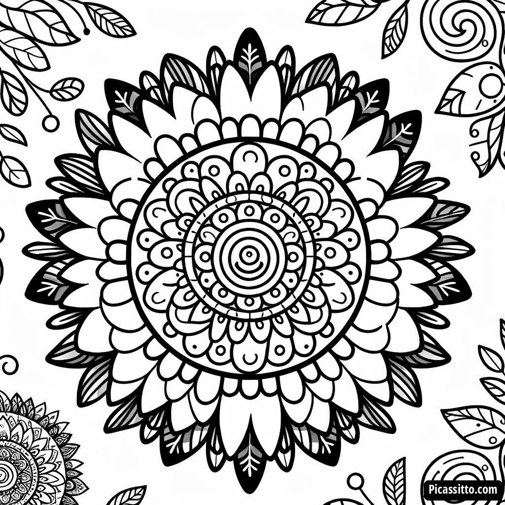 Ausmalbild eines Wunderschönen Runden Mandalas mit Großen Blütenblättern