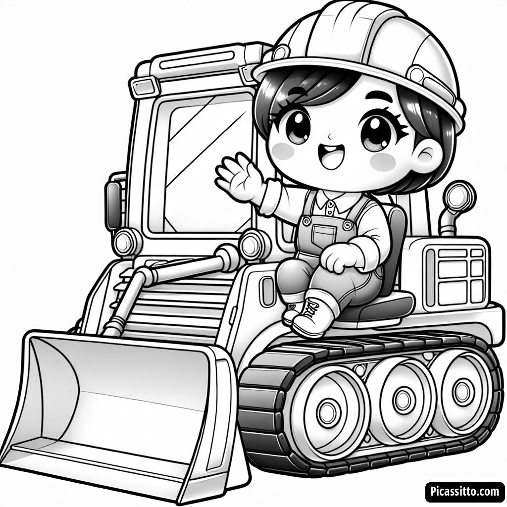 Page à Colorier d'un Ouvrier de Construction Joyeux sur un Bulldozer