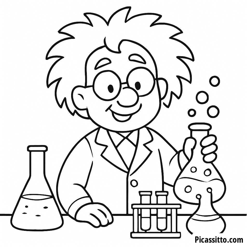 Coloring Page of a Friendly Scientist Mixing Colorful Potions