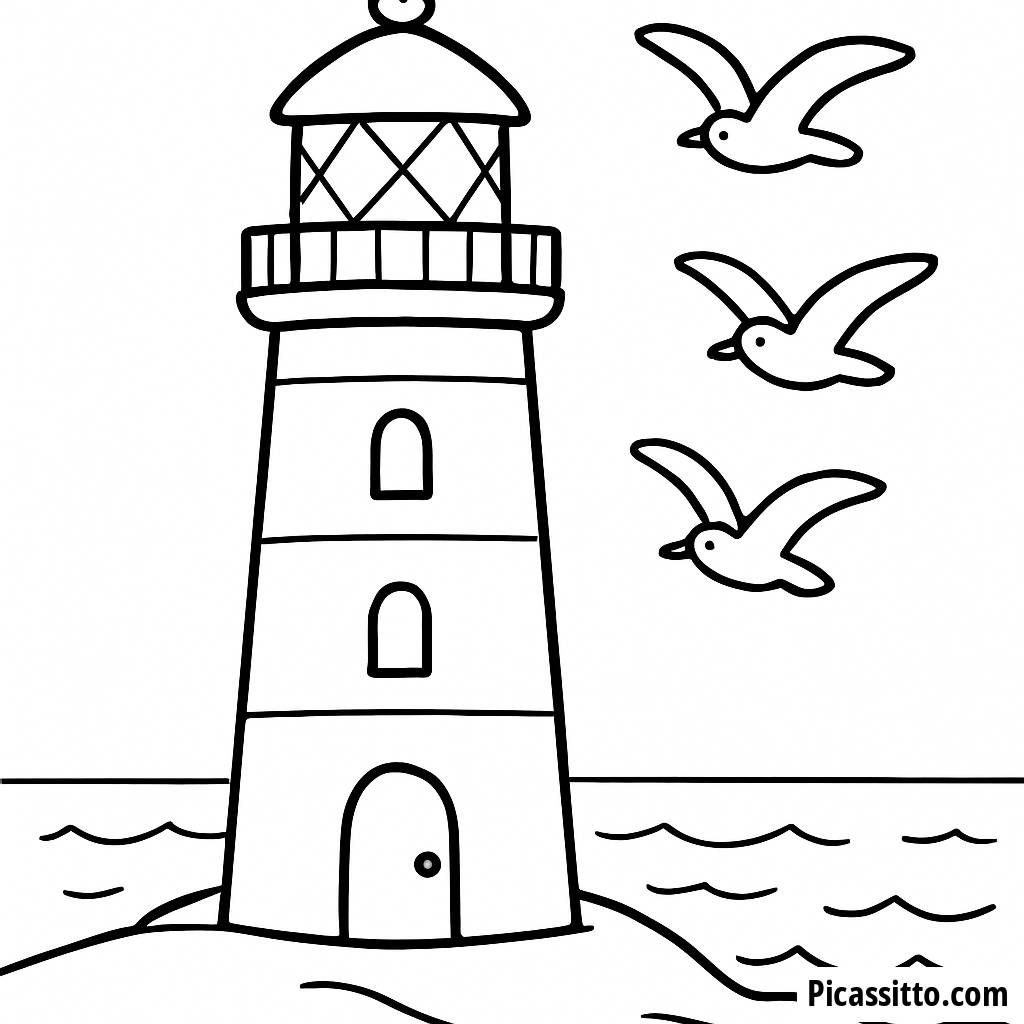 Página para Colorir de um Majestoso Farol à Beira do Oceano