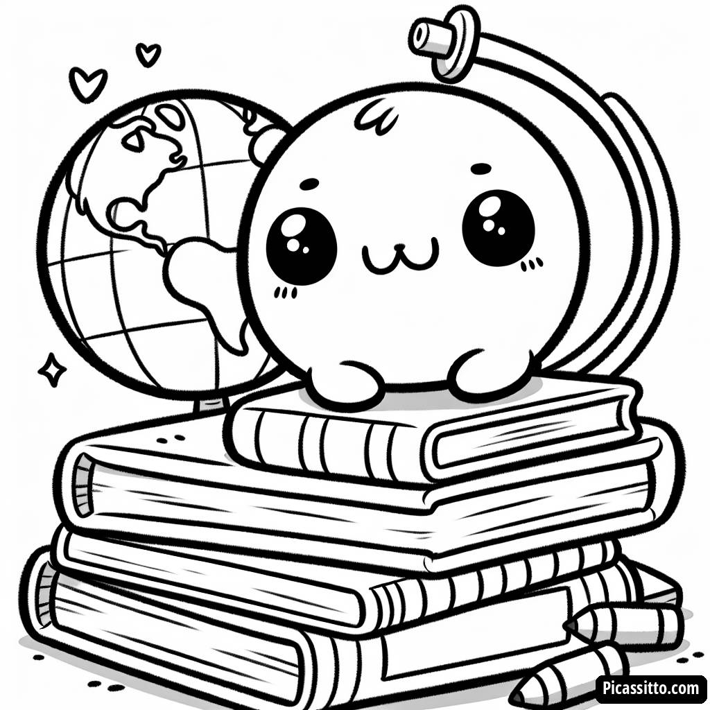 Ausmalbild von einem Stapel Bunter Bücher mit einem Globus