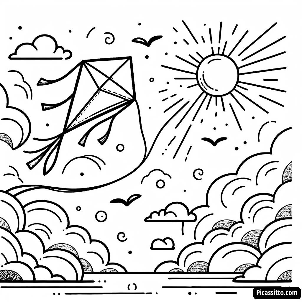 Malvorlage eines vom Wind Geblasenen Drachens im Himmel