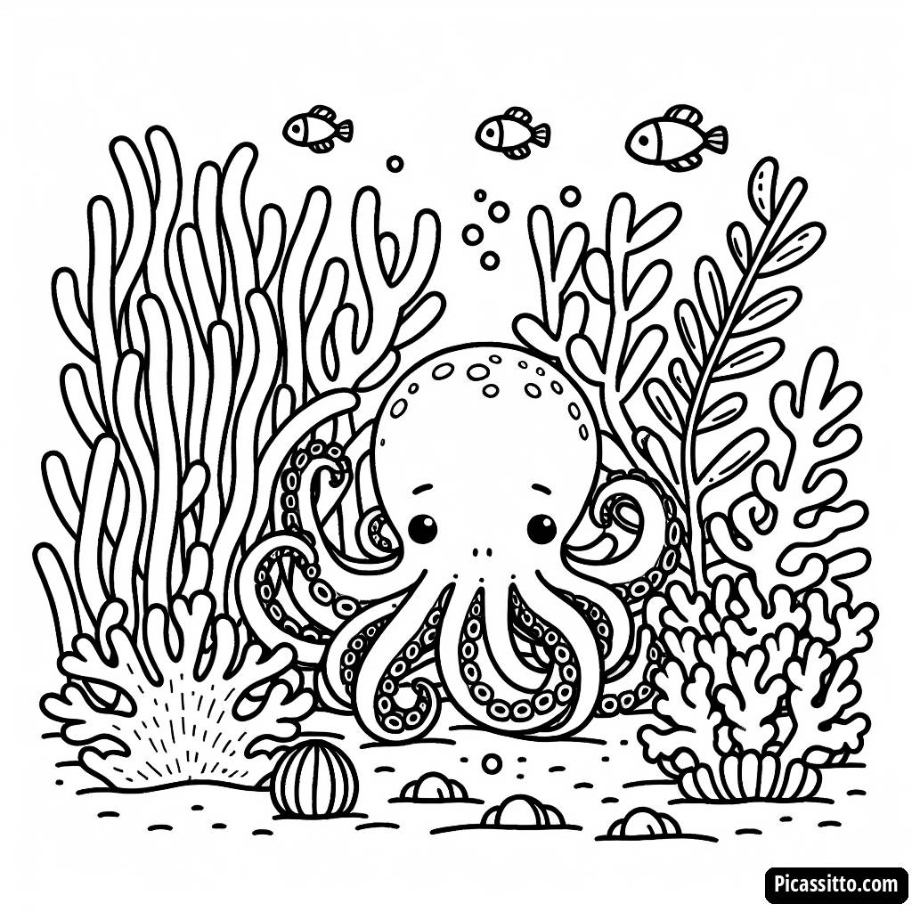Раскраска Осминога, Скрывающегося среди Коралов