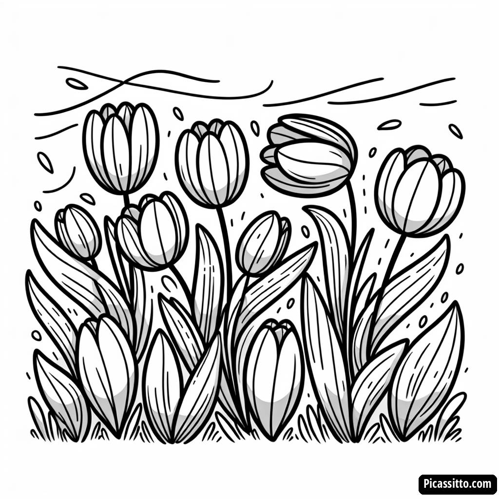 Раскраска Цветных Тюльпанов в Ряду