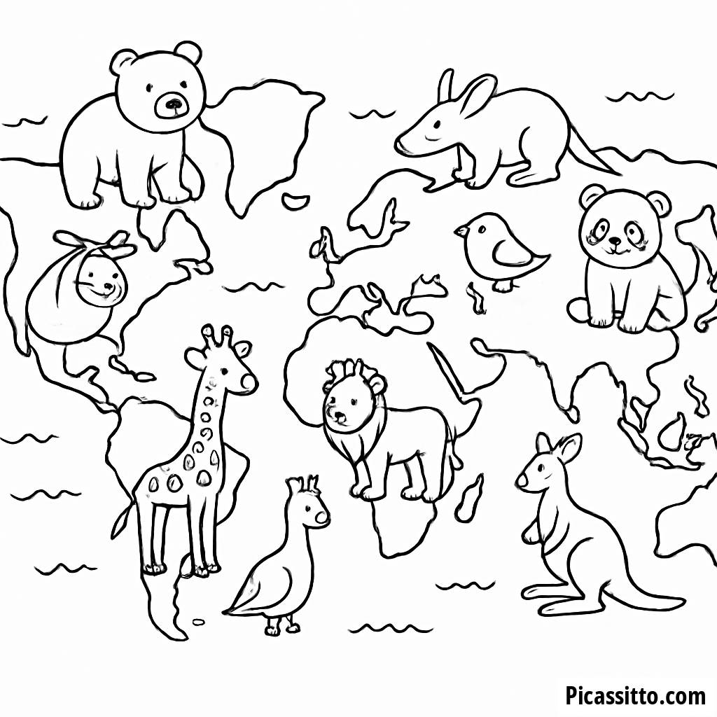 Pagina da Colorare della Mappa del Mondo con Animali Nativi