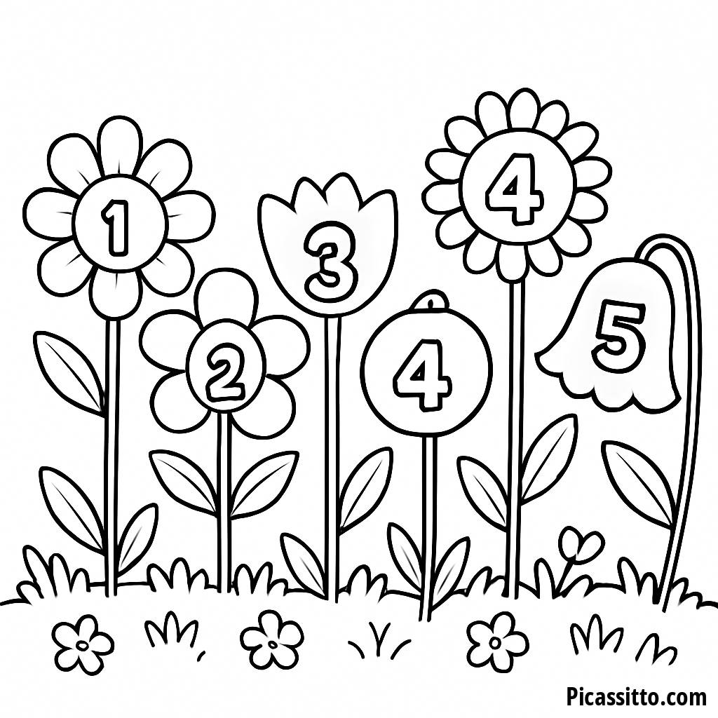 Coloring Page: Unique Flowers in a Numbered Garden