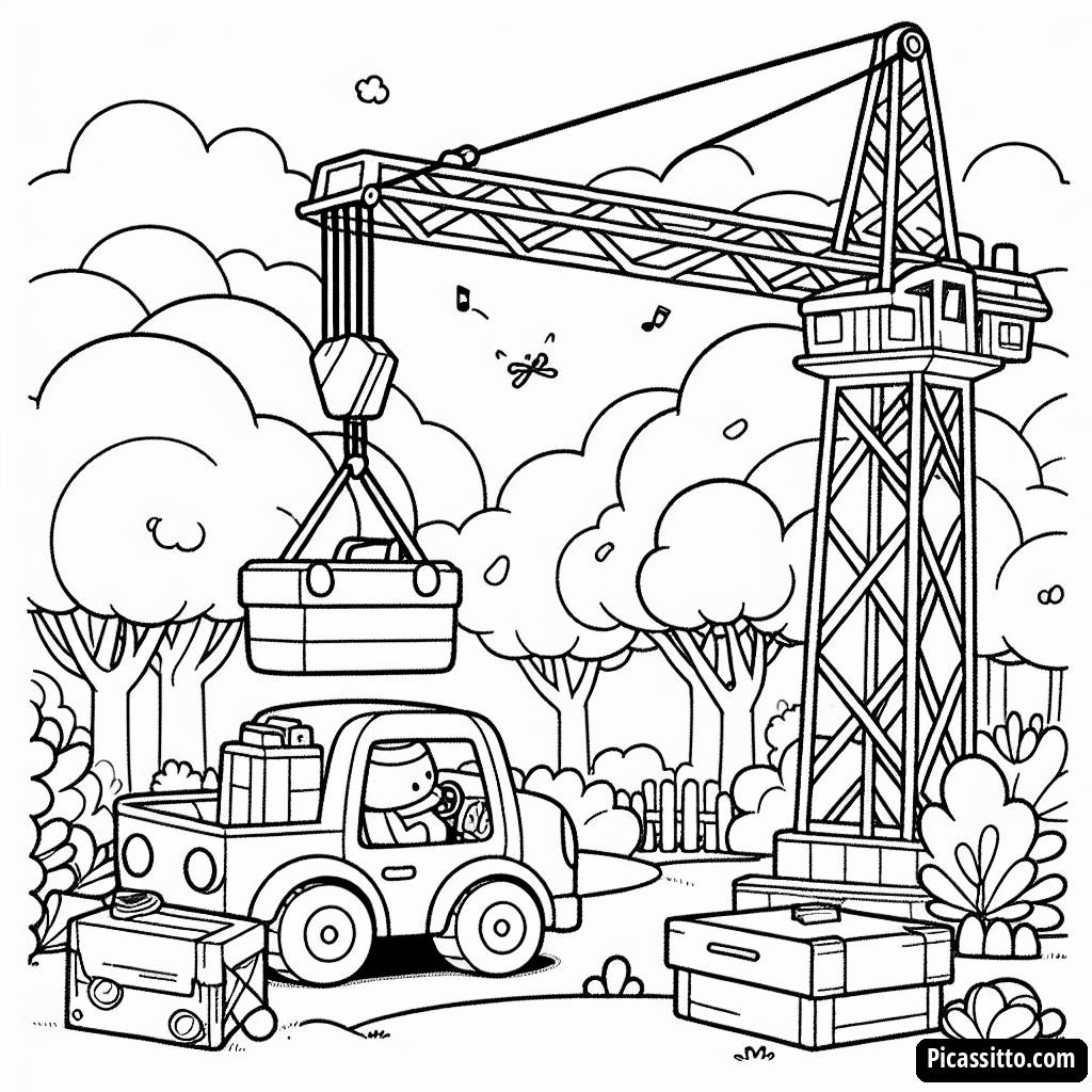 Раскраска: Яркая Строительная Площадка с Краном и Красным Инструментом