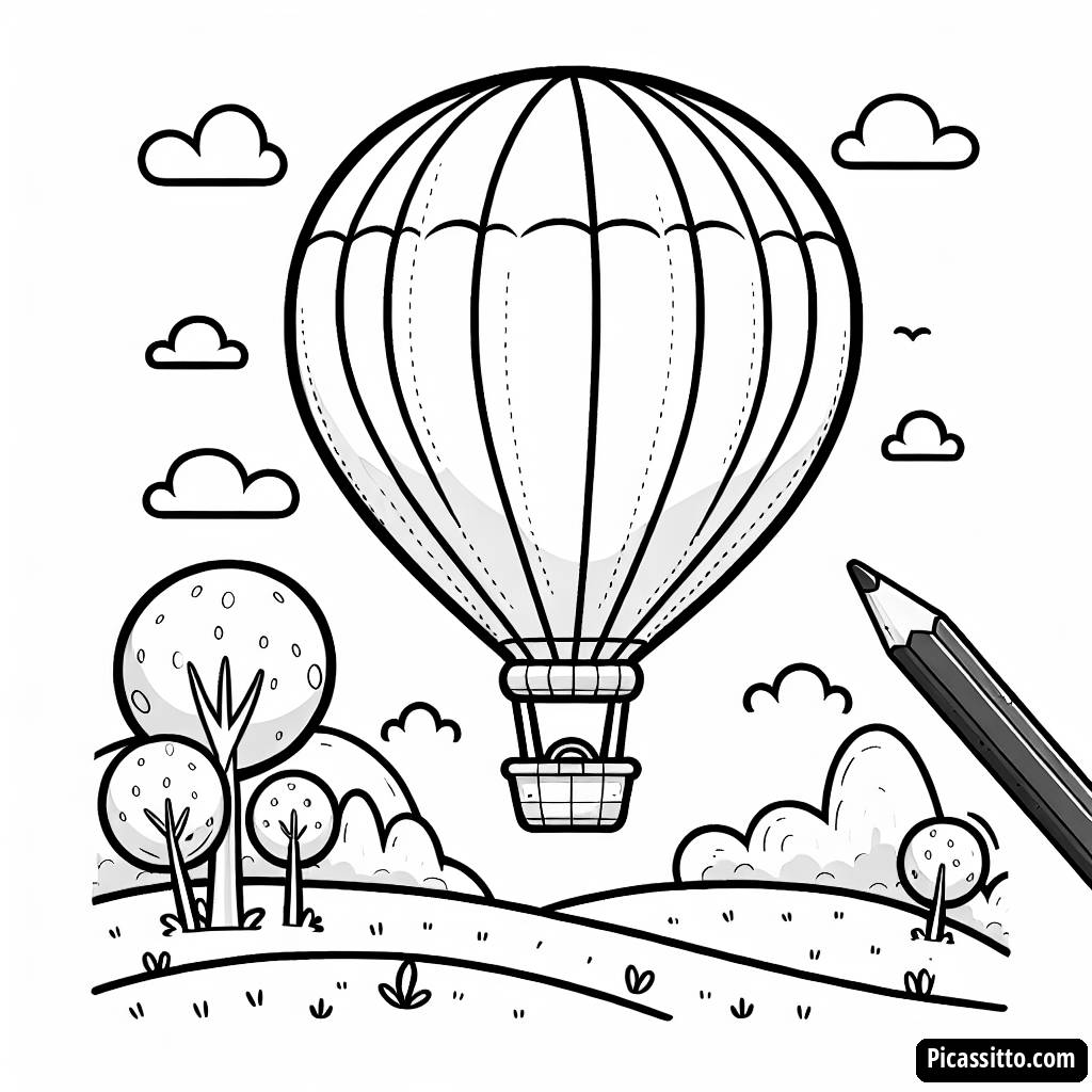 Página para Colorear: Colorido Globo Aerostático en un Paisaje de Caricatura