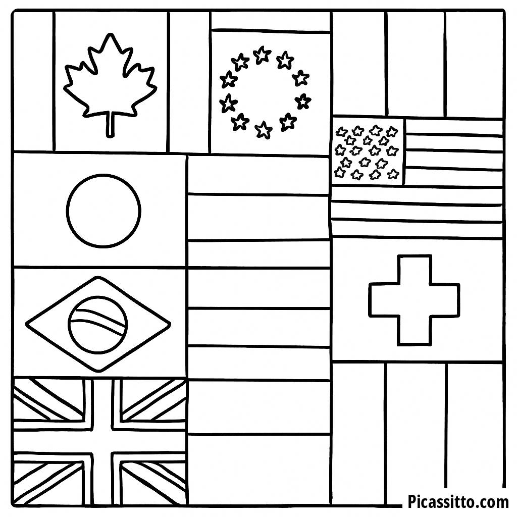 Ausmalbild: Buntes Patchwork Nationalflaggen