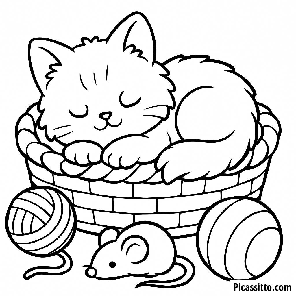 Раскраска: Мягкий Котенок в Корзине