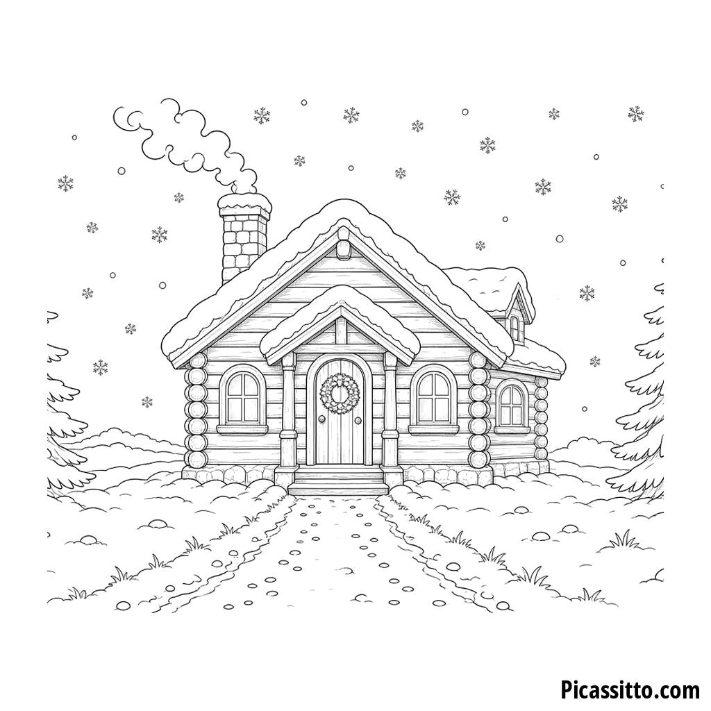 Ausmalbild gemütliche Blockhütte im Schnee