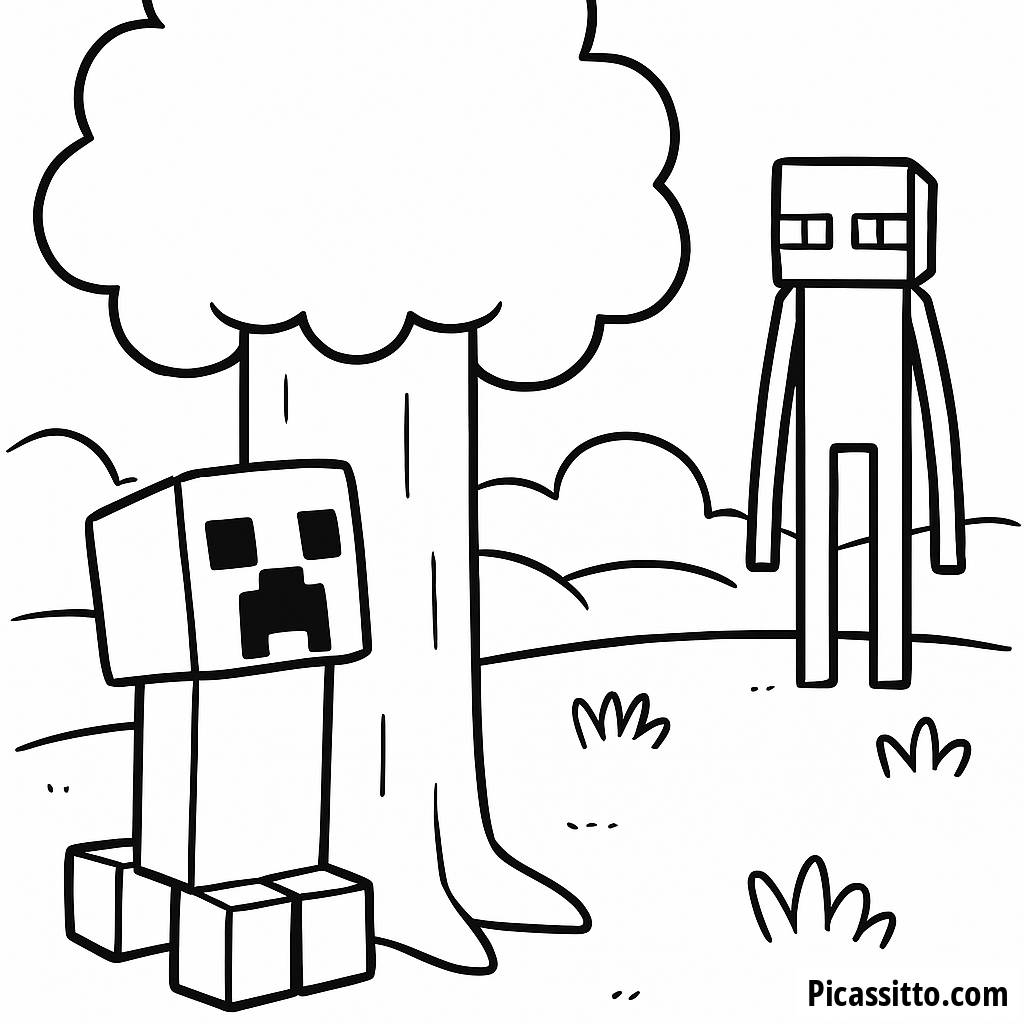 Página para Colorir do Creeper Escondido Atrás de uma Árvore