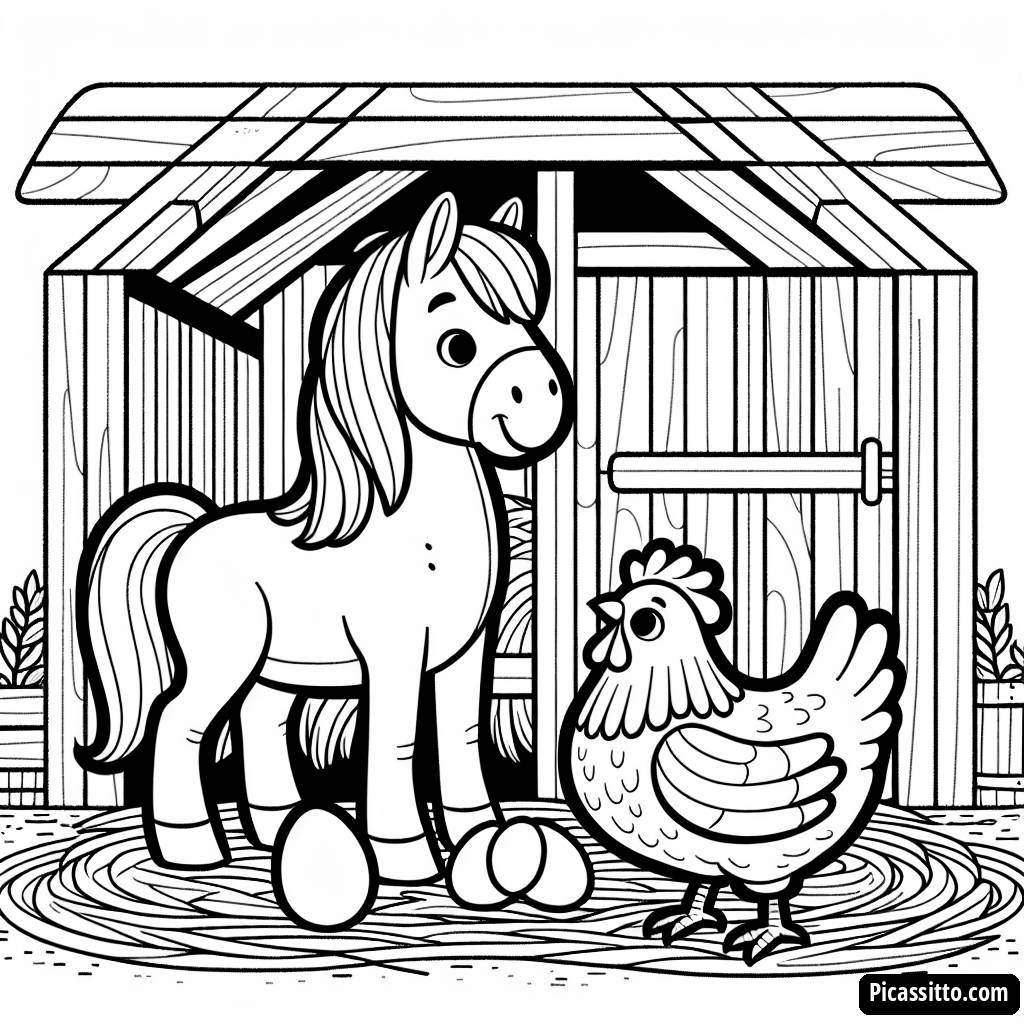Раскраска: Любопытная Лошадь и Курица