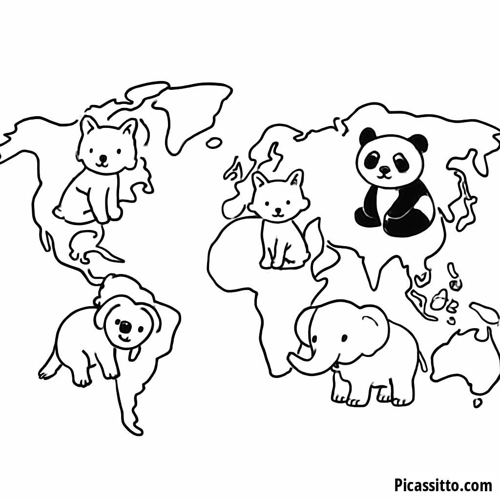 Página para Colorir do Mapa do Mundo com Animais Fofos