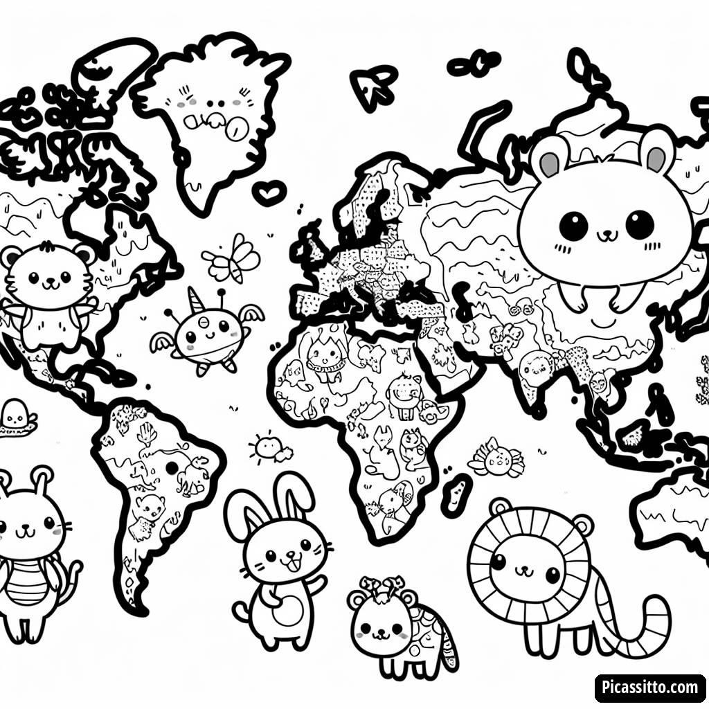 Cute Animals World Map Coloring Page