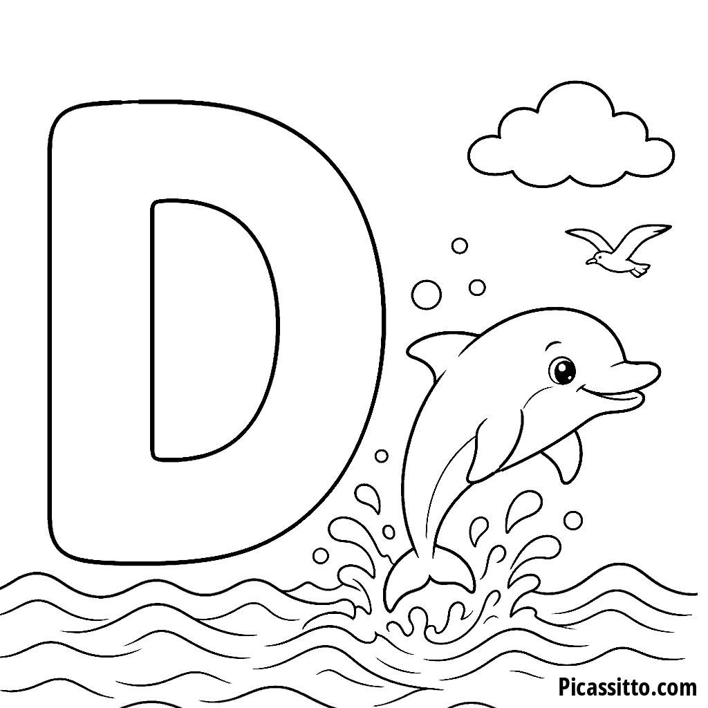 Letter D Coloring Page: D de delfín (dolphin)