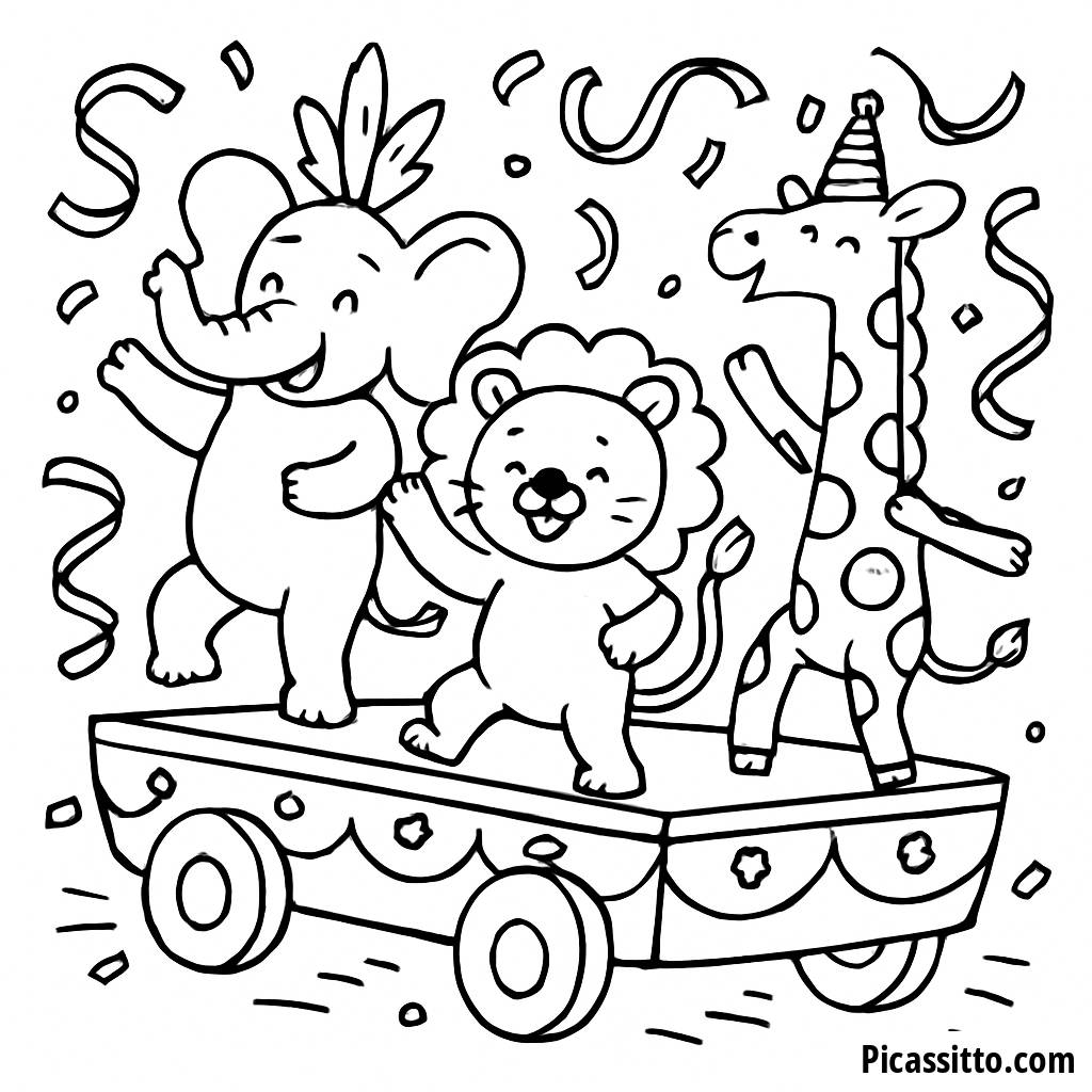 Ausmalbild der Tanzenden Tiere auf dem Umzugswagen