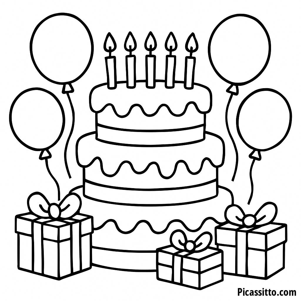 Pagina da Colorare di una Deliziosa Torta di Compleanno