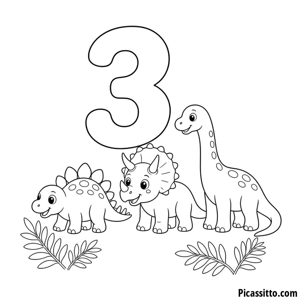 Diversión de Dinosaurios: Página para Colorear el Número 3