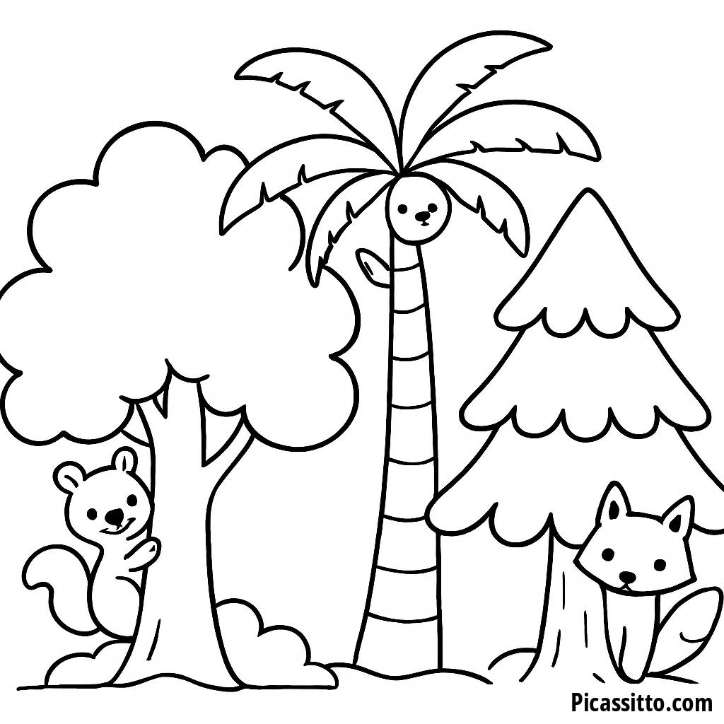 Page à Colorier des Arbres Divers: Chêne, Palmier et Pin avec des Animaux Joyeux