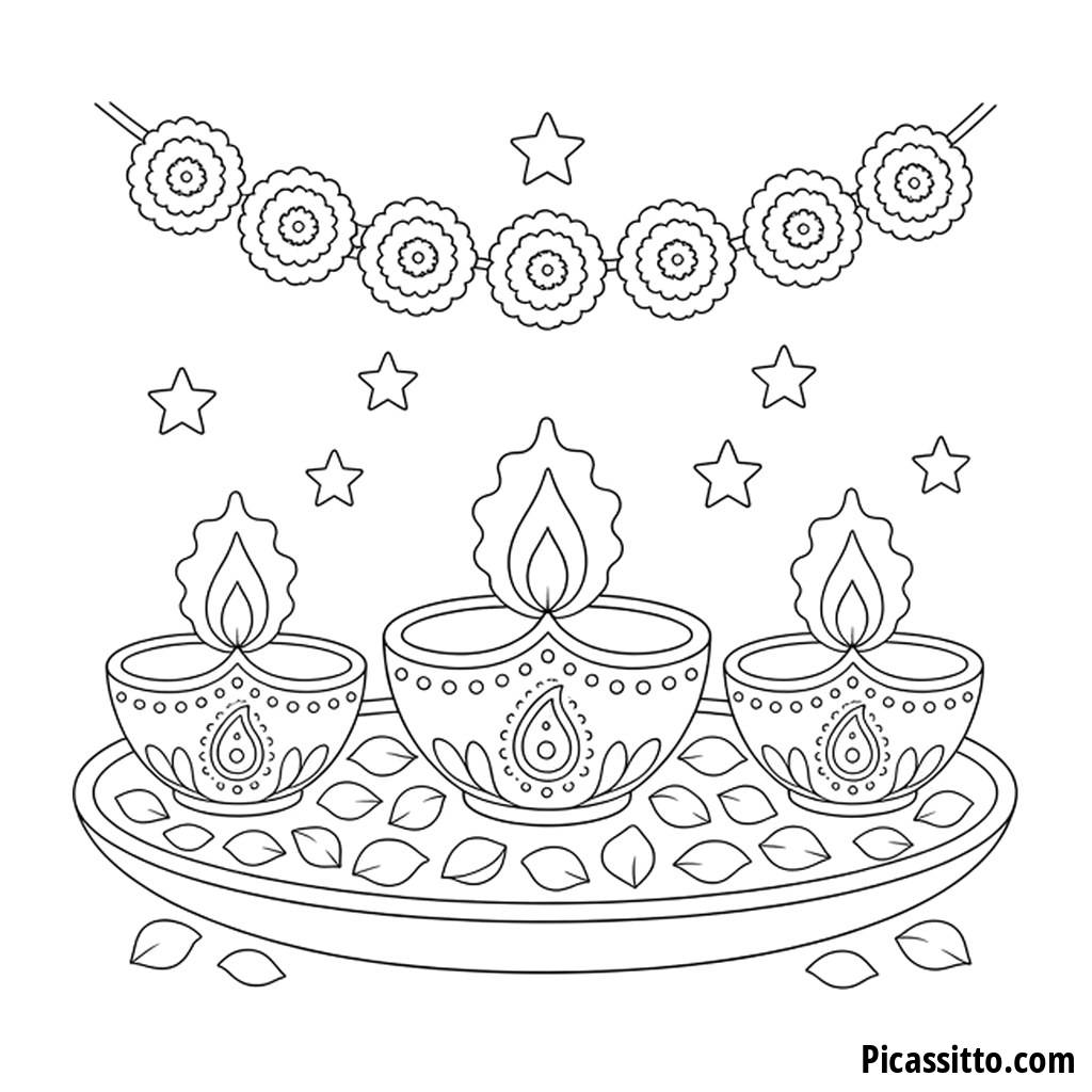 Coloriage de Diwali : trois lampes diya et une guirlande de fleurs