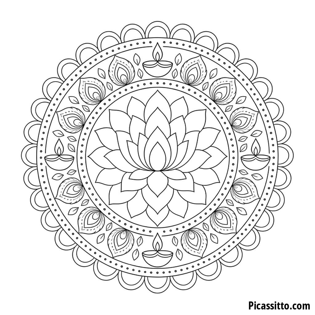 Diwali Rangoli Coloring Page with a Lotus and Diya Lamps
