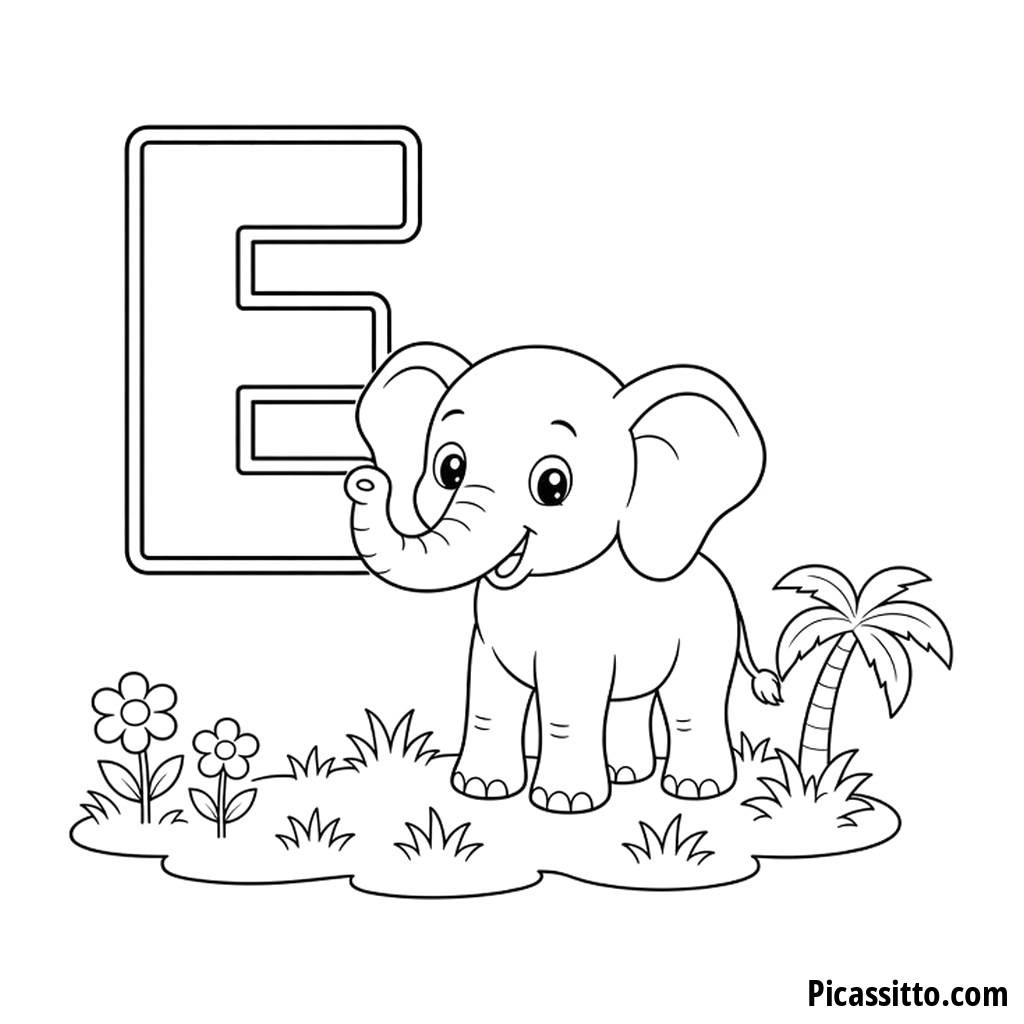 Coloriage lettre E : E comme éléphant