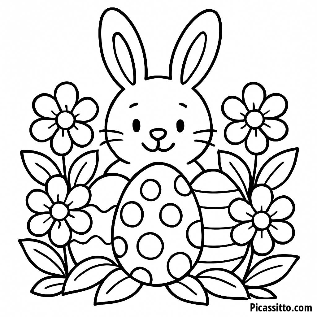Page à Colorier de Pâques : Lapin Cachant des Œufs et des Fleurs en Fleurs