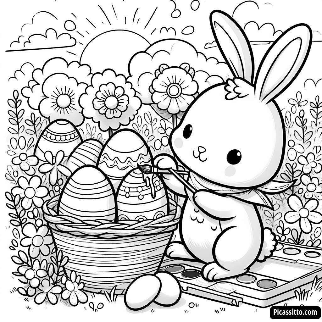 Pagina da Colorare di Pasqua: Coniglio che Dipinge Uova Tra i Fiori