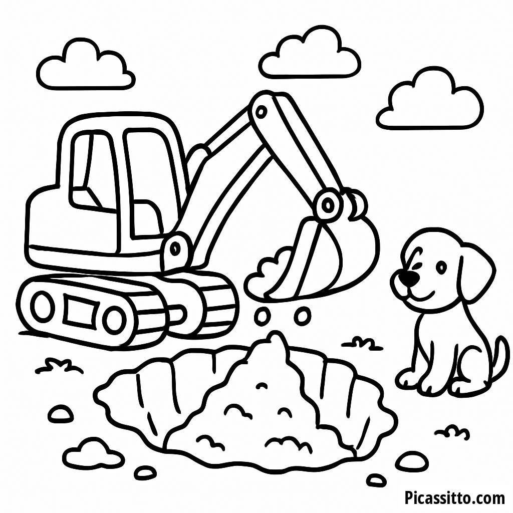 Pagina da Colorare Escavatore: Divertimento a Scavare con un Cucciolo Curioso!