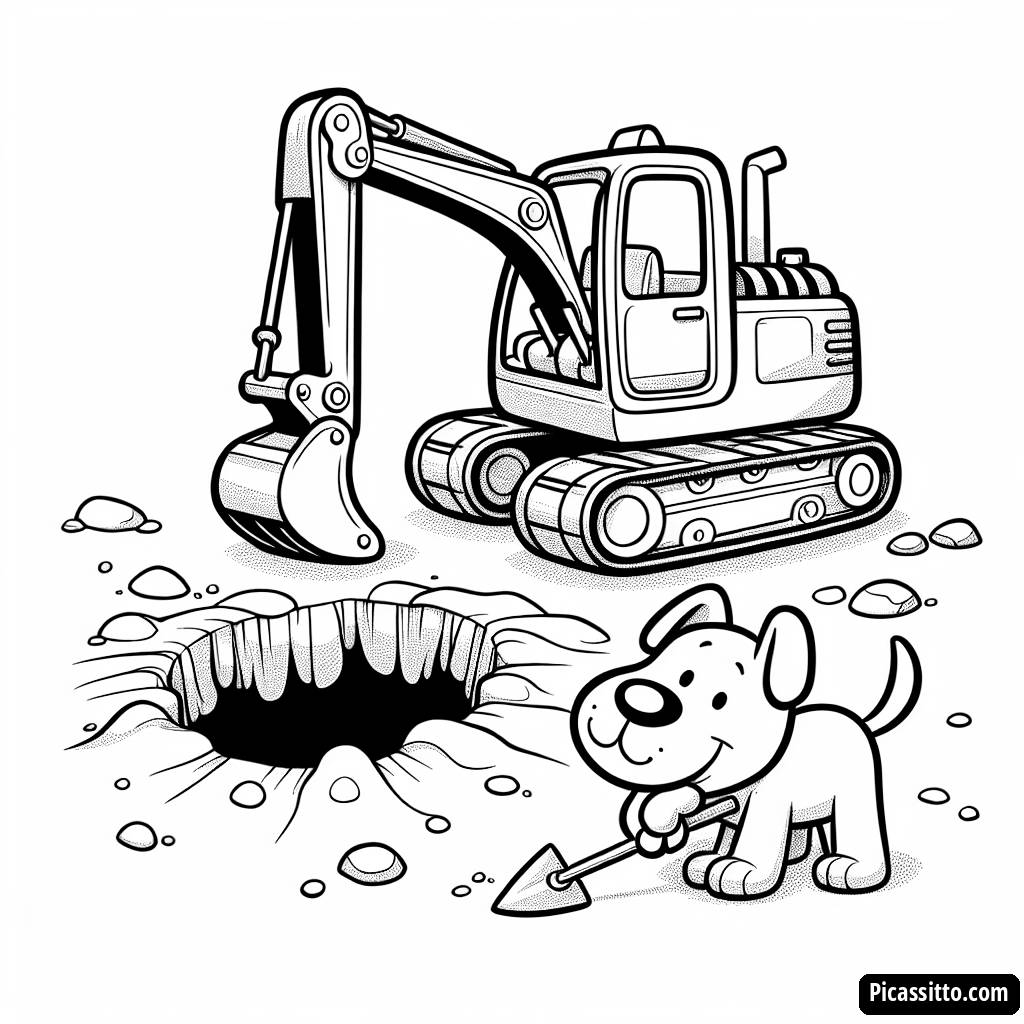 Page à Colorier Excavatrice : Amusement de Creusement avec un Chien à l'Affût !