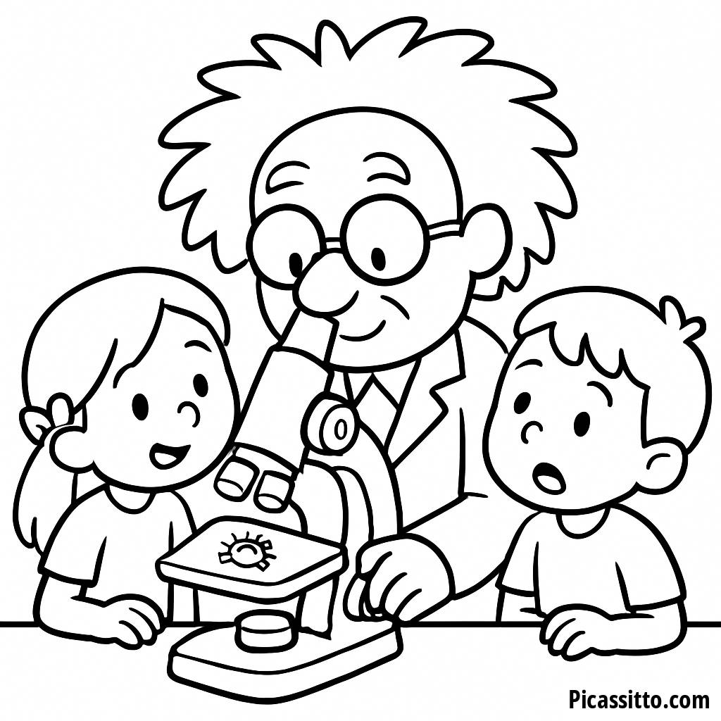 Explora las Maravillas de la Ciencia: Página para Colorear de Niños Observando a un Científico