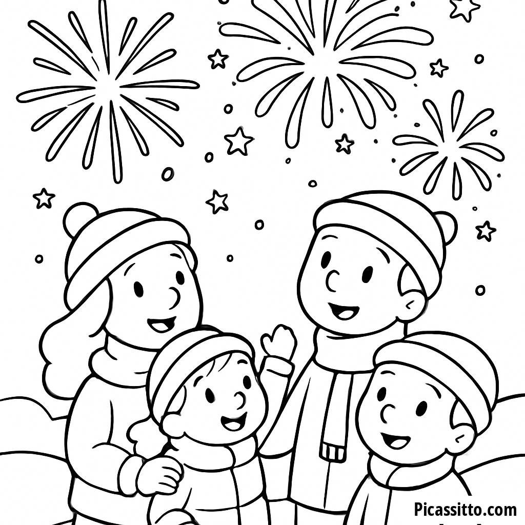 Página para Colorir da Diversão em Família Sob os Fogos de Artifício