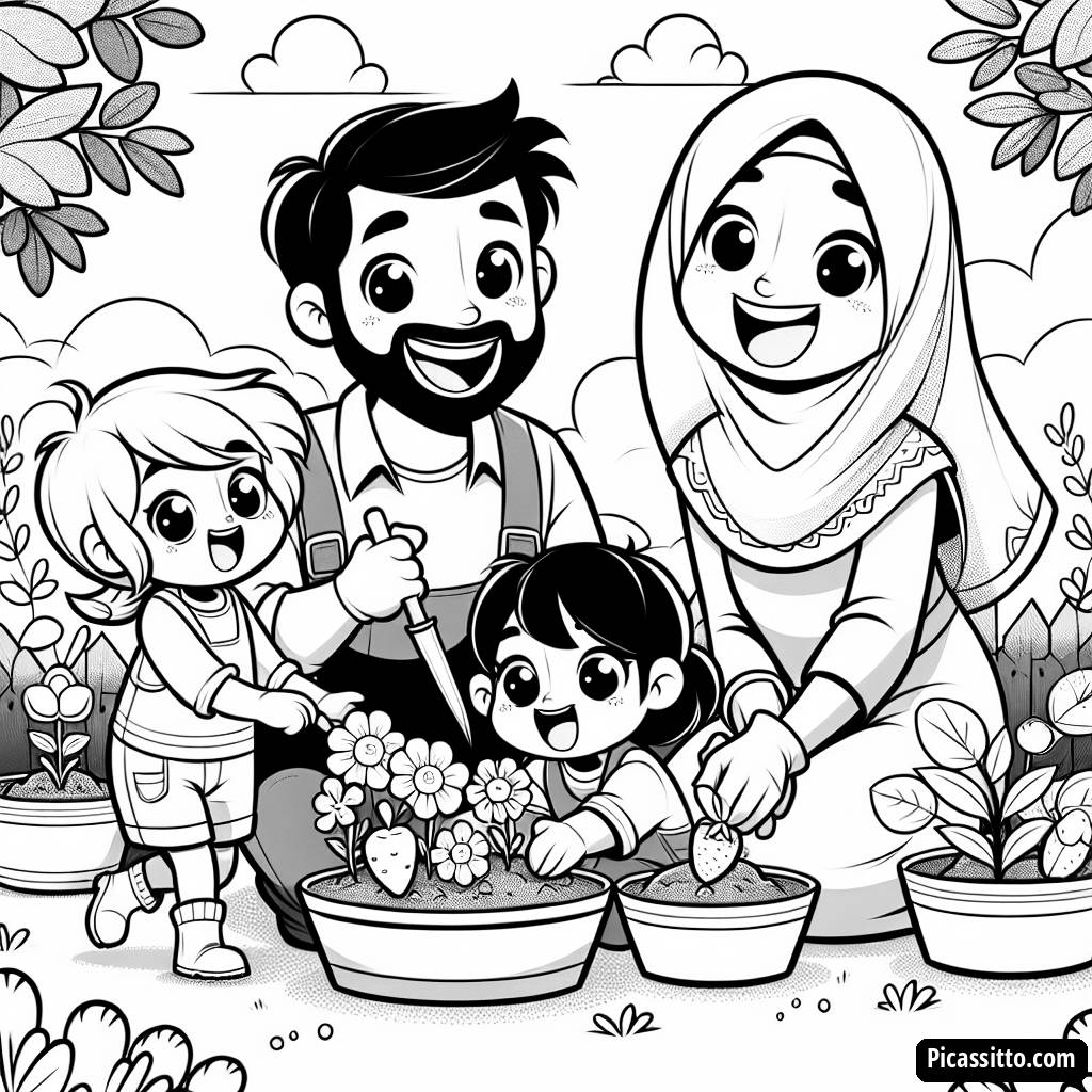 Familien-Gartenarbeit Ausmalbild