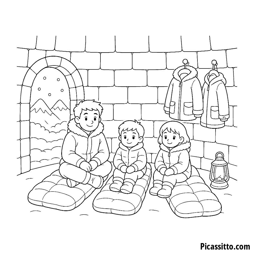 Family Inside a Lit Igloo Coloring Page