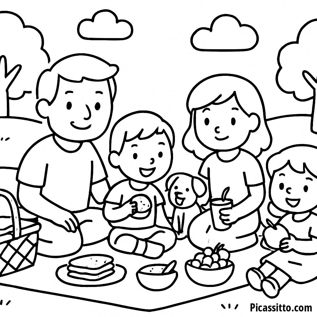 Pagina da Colorare del Picnic di Famiglia nel Parco