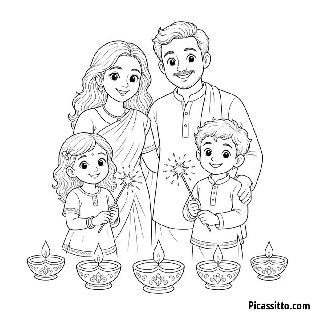 Disegno da colorare di Diwali: famiglia con le stelline