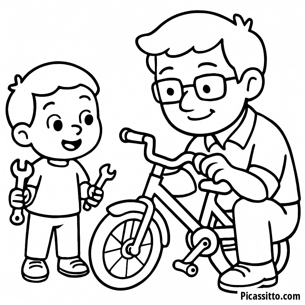 Malvorlage Vater und Kind beim Fahrrad Reparieren