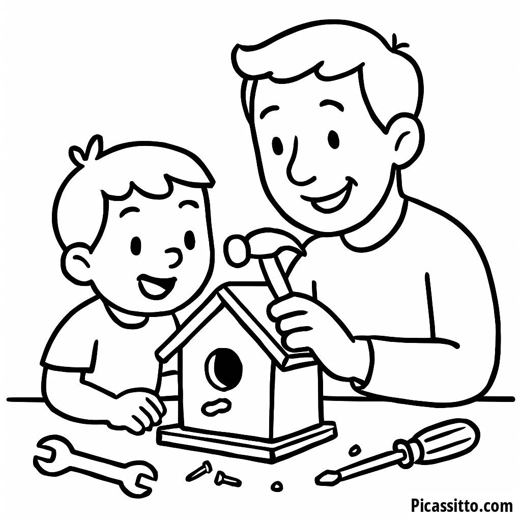 Página para Colorir de Pai e Filho Construindo uma Casa para Pássaros