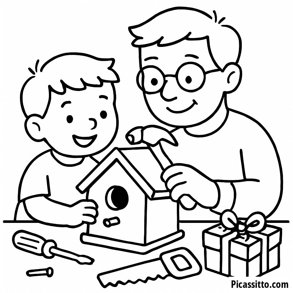 Father and Child Birdhouse Building Coloring Page