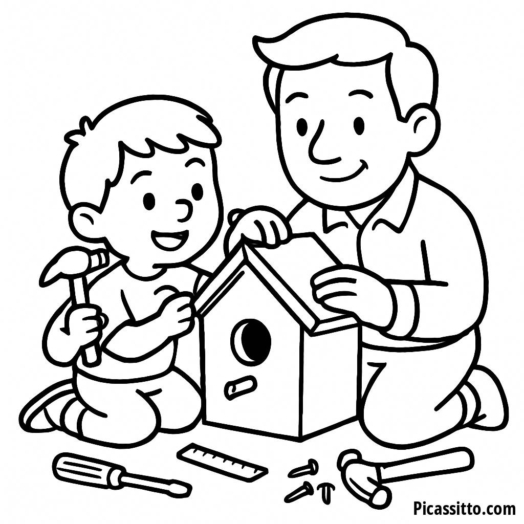 Father and Child Birdhouse Building Coloring Page