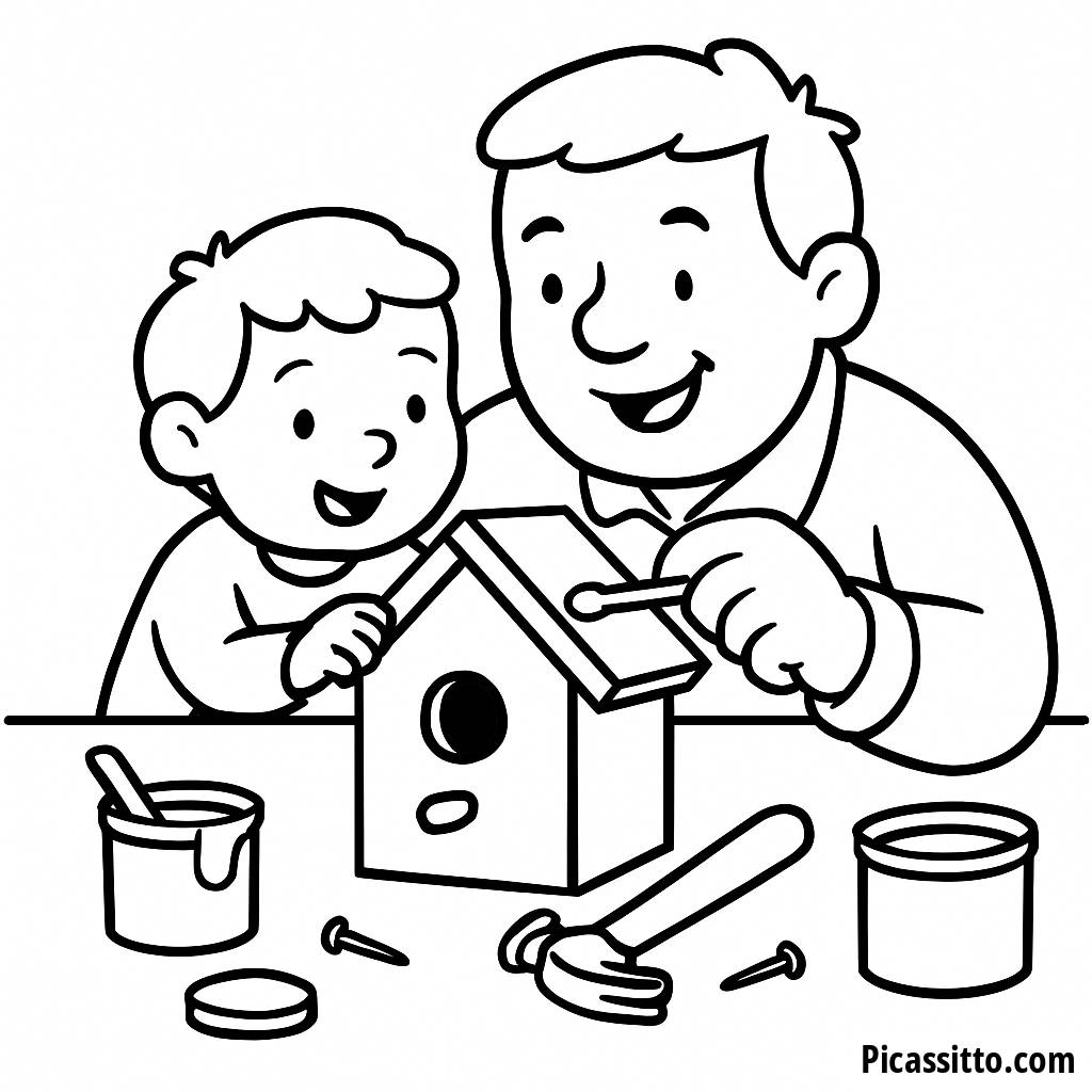 Раскраска: Отец и Ребёнок Строят Садовый Скворечник