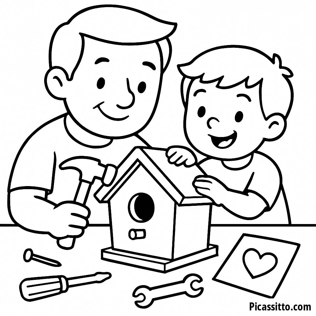 Ausmalbild von Vater und Kind beim Bau eines Vogelhauses