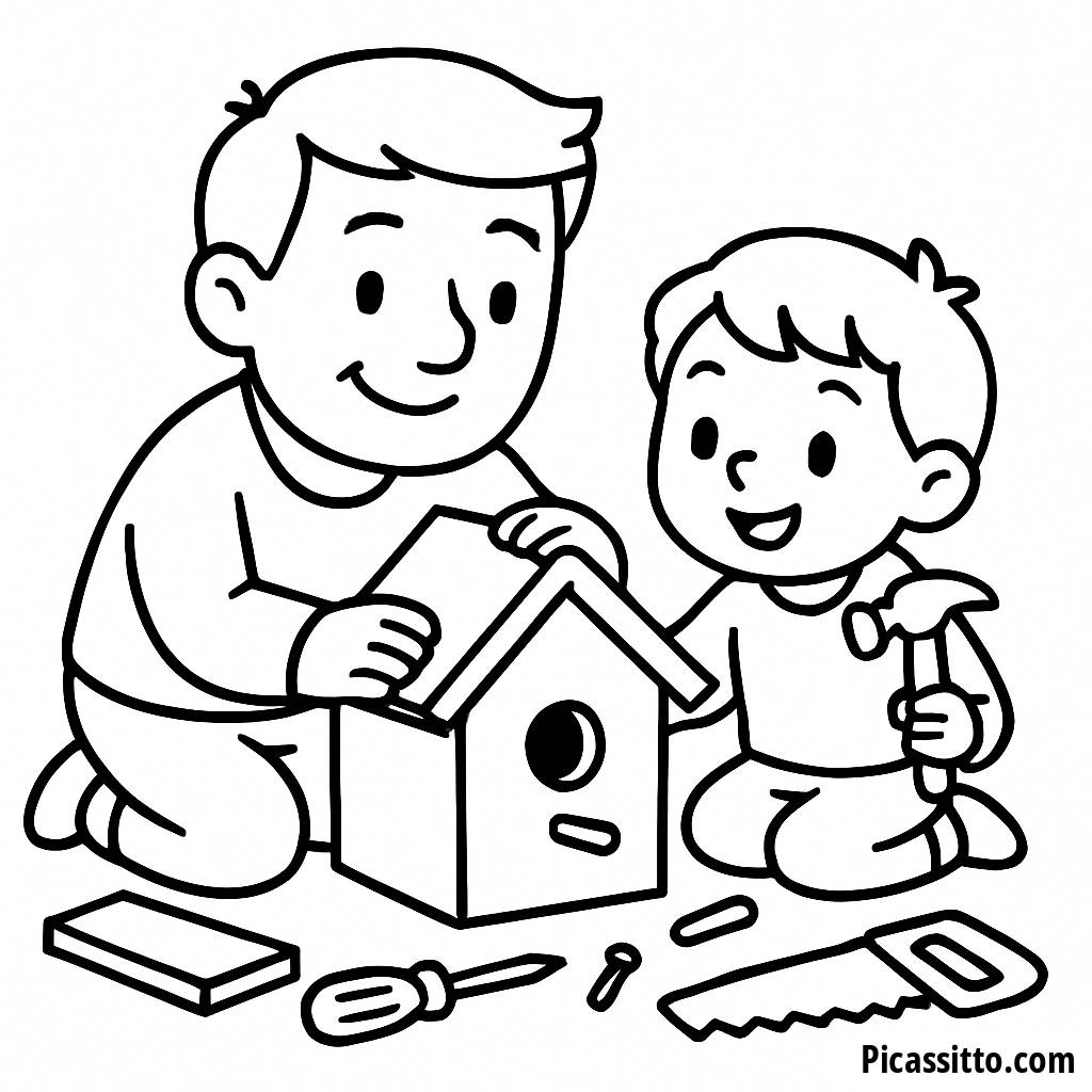 Раскраска: Отец и Ребенок Строят Скворечник