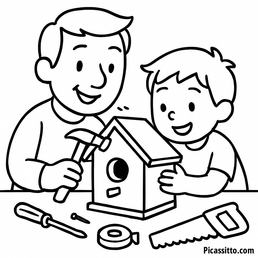 Página para Colorear de Papá e Hijo Construyendo una Casa para Aves