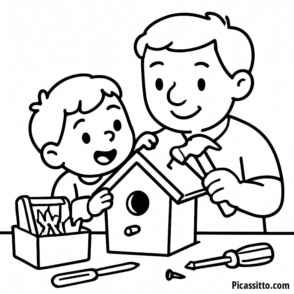 Page à Colorier: Un Père et Son Enfant Construisant une Maison pour Oiseaux