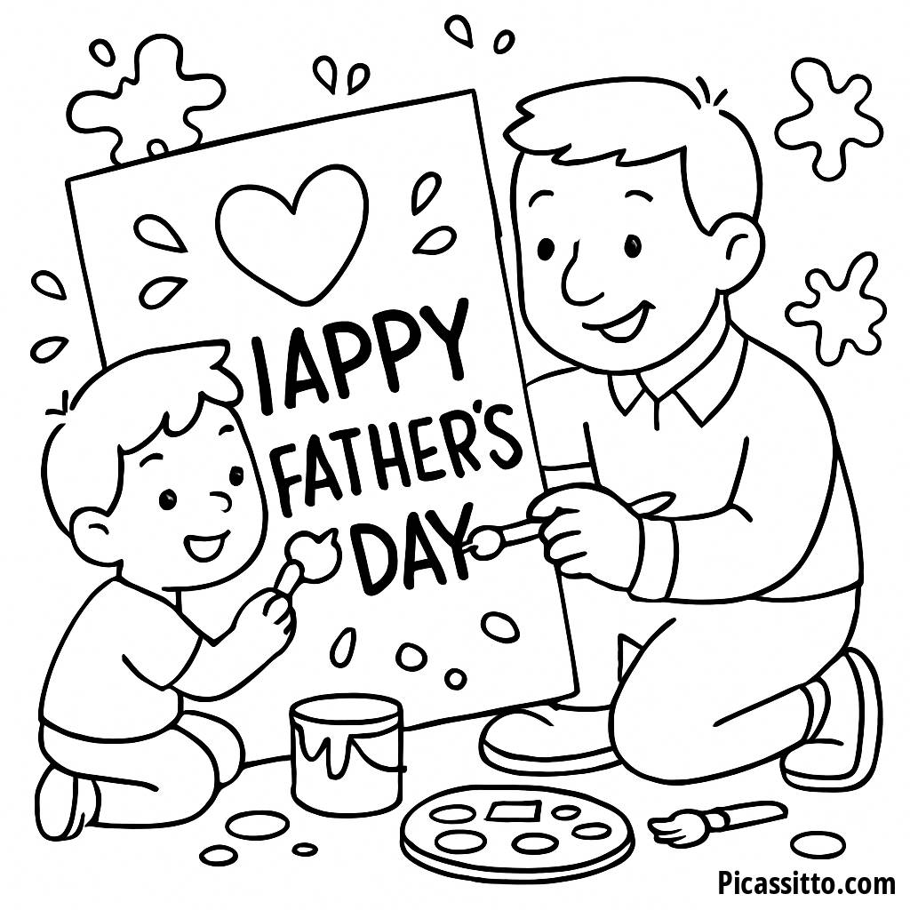 Папа и Ребенок Рисуют Вместе - Бесплатная Раскраска